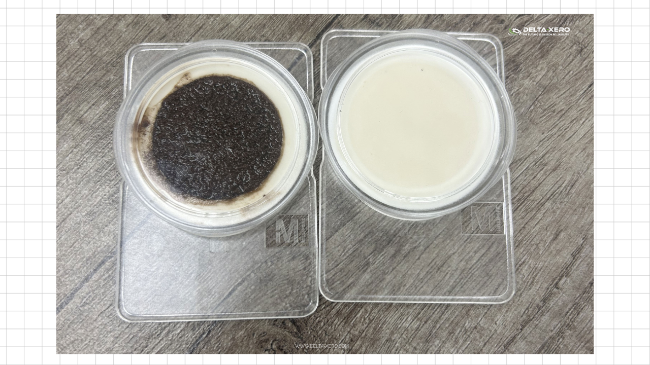 Membrane patch test comparing contaminated oil (dark deposits) with clean oil after filtration