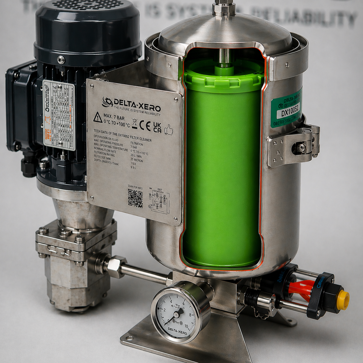 Cutaway view of a Delta-Xero filtration unit showing internal cartridge arrangement and fluid flow path through the system.